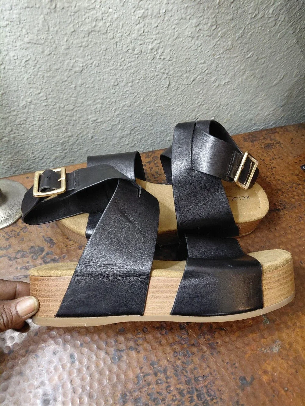 Kelsi Dagger Black Leather Platform Sandals with Wood-Look Sole